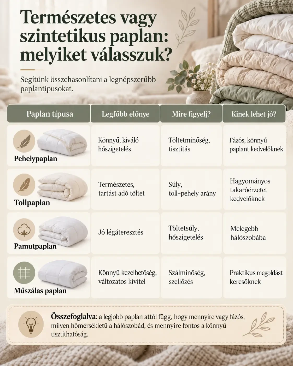 Természetes és szintetikus töltetű paplanok
