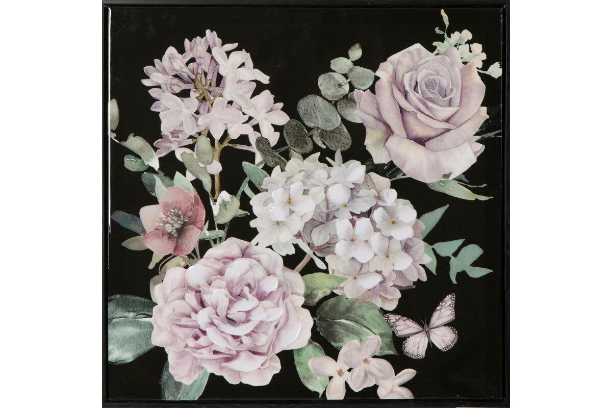 Virágos növényt ábrázoló kézzel festett falikép 621a kerettel Fekete 60x60 cm