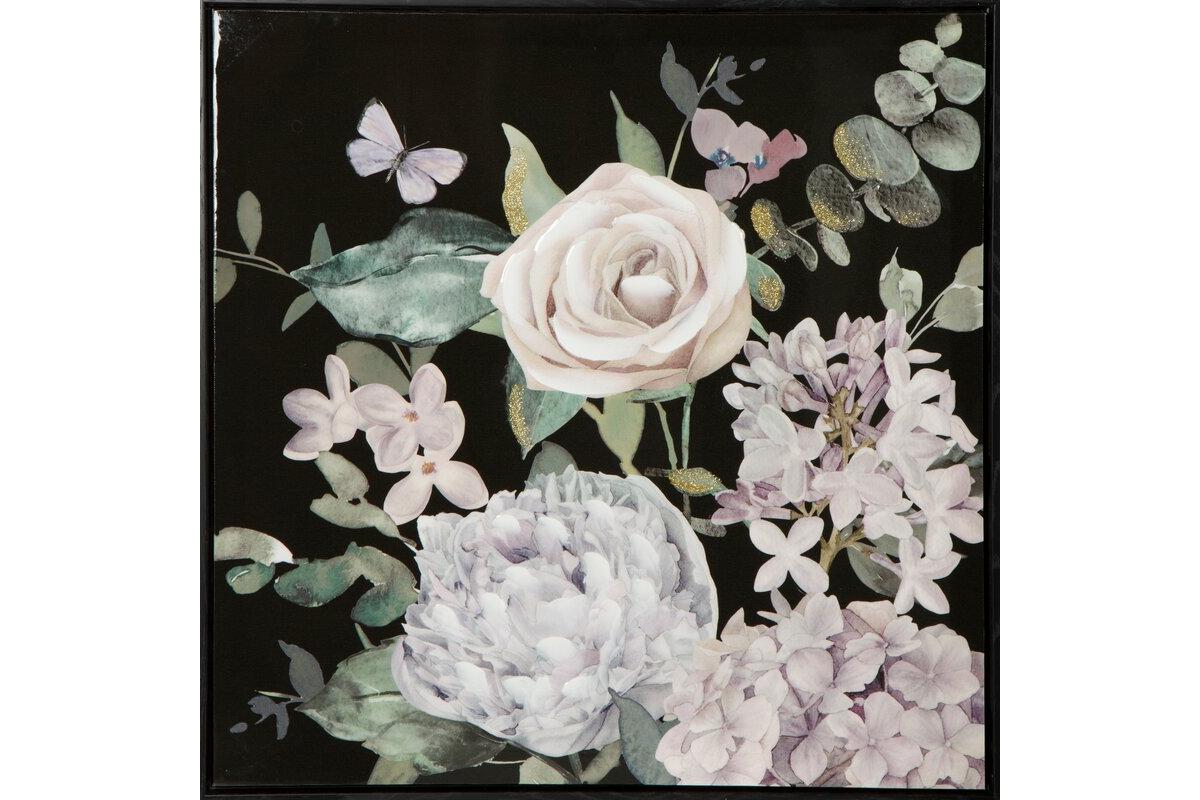 Virágos növényt ábrázoló kézzel festett falikép 621b kerettel Fekete 60x60 cm