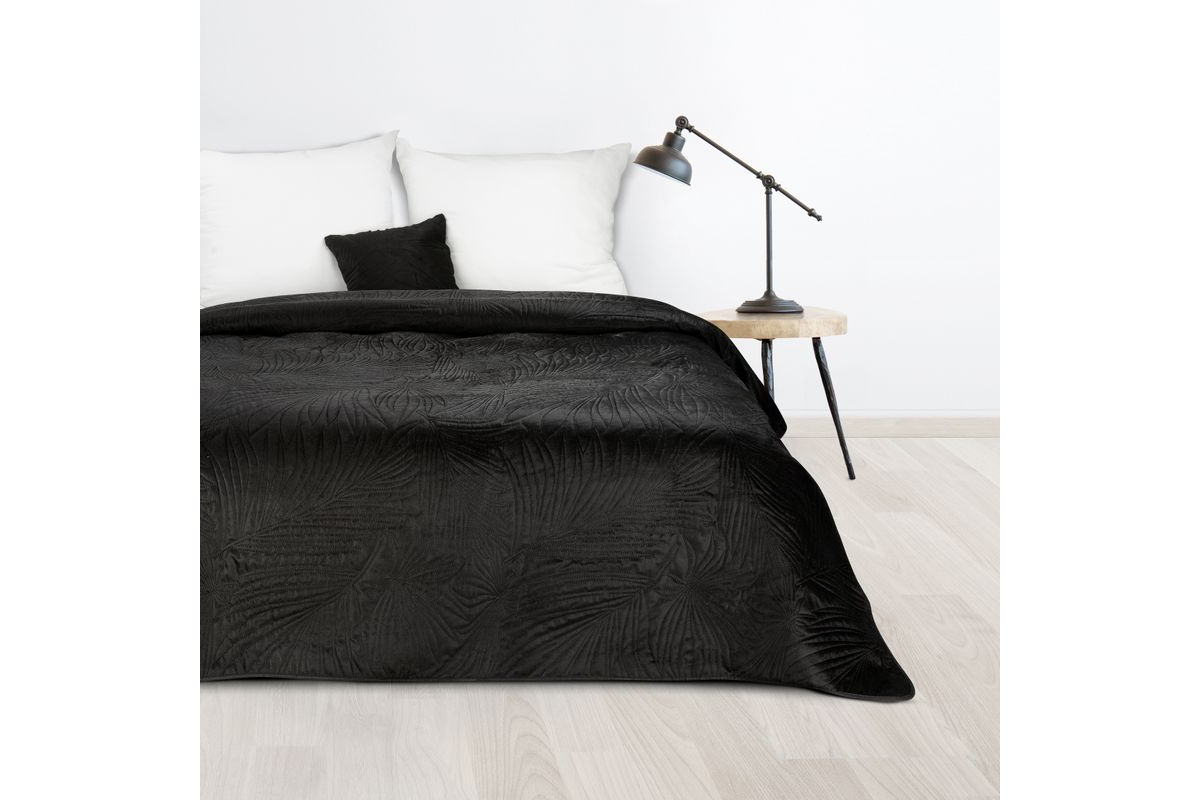 Luiz4 bársony ágytakaró pálmalevél mintával Fekete 220x240 cm