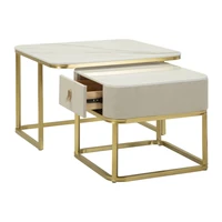 Kép 5/9 - Beauty dohányzóasztal 2db-os szett krémszín/arany 70x70x48-50x50x43,5 cm 2