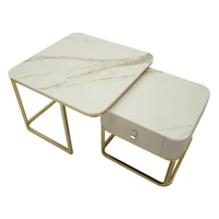 Kép 7/9 - Beauty dohányzóasztal 2db-os szett krémszín/arany 70x70x48-50x50x43,5 cm 3