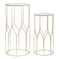 Kép 1/7 - Kör alakú üveg asztal 2db-os szett arany 50x46x100-40x37x80 cm