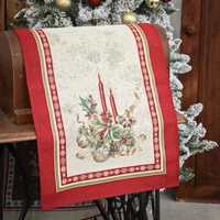 Kép 1/3 - Gyertyás piros szélű gobelin asztali futó 44x140 cm arany lurex