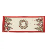 Kép 3/3 - Karácsonyfás piros szélű gobelin asztali futó 44x140 cm arany lurex 2