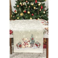 Kép 1/4 - Mackós karácsonyi gobelin asztali futó 44x140 cm ezüst lurex