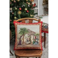 Kép 2/2 - Betlehemi piros szélű párnahuzat arany lurex 45x45 cm 1