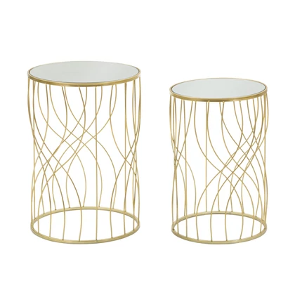Asztalok lineáris geometrikus mintával 2db-os szett arany ø 38x55-33x50 cm