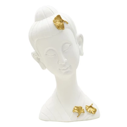 Buddha női mellszobor ginko levelekkel fehér/arany 21,5x16x35 cm