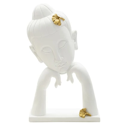 Buddha női szobor ginko levelekkel fehér/arany 21,5x13x36 cm