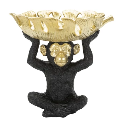 Egzotikus levelet tartó majom figura fekete/arany 25,2x21x24 cm