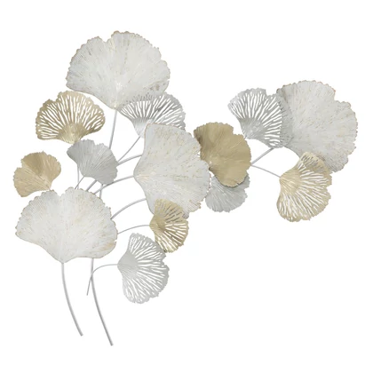 Ginko biloba fali dekoráció fémből fehér/ezüst/arany 85,5x10x113 cm