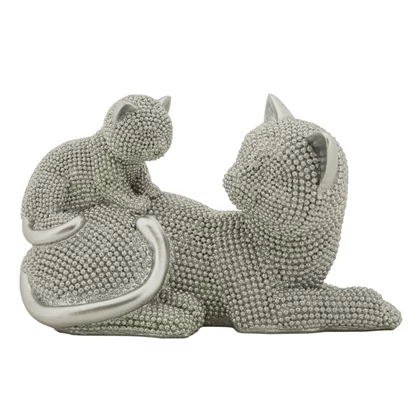 Macska a kiscicával csillogó figura ezüst 19x9x13 cm