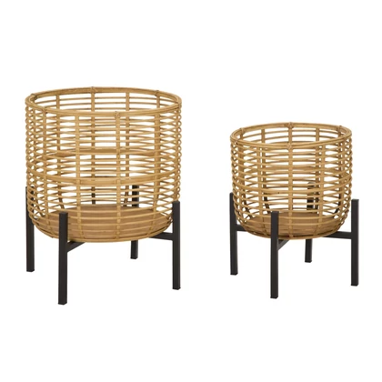 Rattan virágtartó állvány szett barna/fekete ø 41x47-33x39 cm