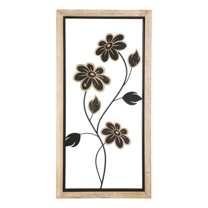 Téglalap alakú fali dekoráció virágokkal -a- barna/fekete 30x2,5x60 cm