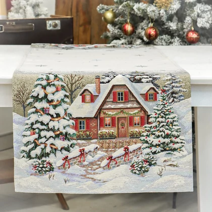Alpesi barna házikós gobelin asztali futó 44x140 cm lurex nélküli