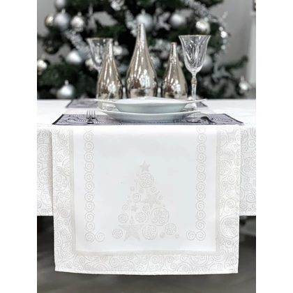 Ezüst lurex asztali futó karácsonyfa mintás 37x100 cm