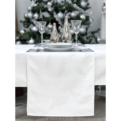Ezüst lurex asztali futó páfrány mintás 44x140 cm