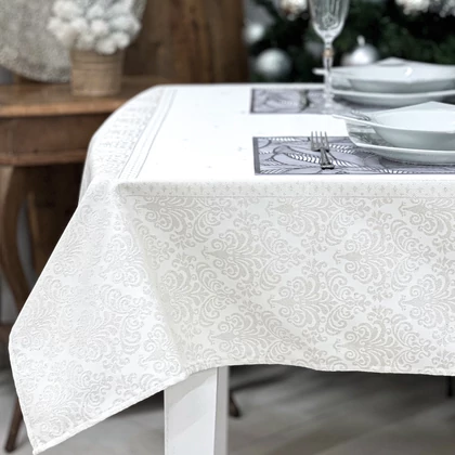 Ezüst lurex asztalterítő barokk mintás 137x180 cm