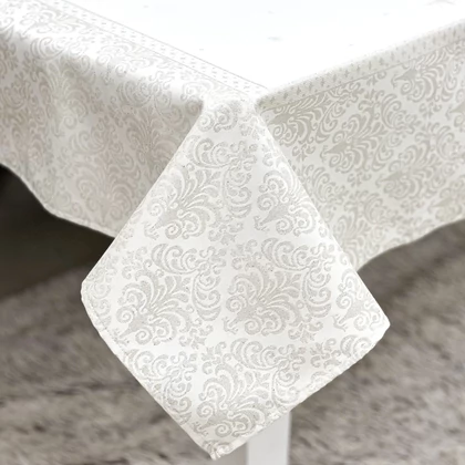 Ezüst lurex asztalterítő barokk mintás 96x100 cm
