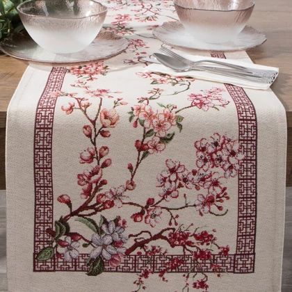 Gobelin asztalterítő japán cseresznyevirágokkal Natúr 45x140 cm - 5 cm
