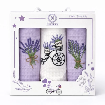 Levendula csokros hímzett konyharuha szett díszdobozban 3 db-os 40x60 cm