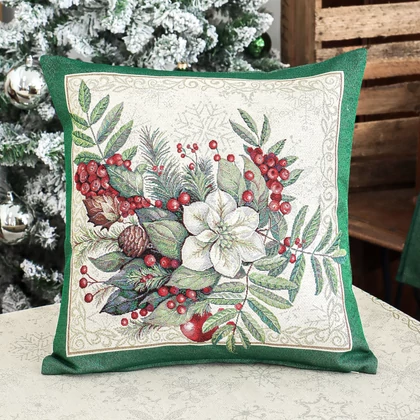 Classic piros bogyós zöld szélű párnahuzat ezüst lurex 45x45 cm