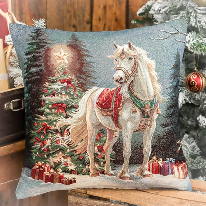 Fehér lovas ünnepi párnahuzat arany lurex 45x45 cm