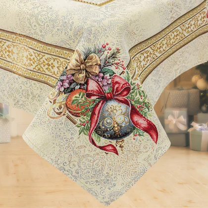 Amira karácsonyi gömbös piros szalagos gobelin asztalterítő 137x180 cm arany lurex