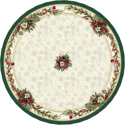 Classic bogyós zöld szélű gobelin kör alakú asztalterítő 160 cm ezüst lurex