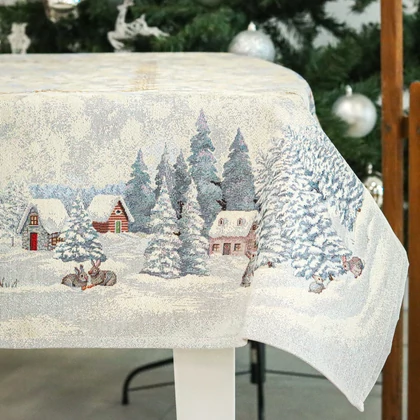 White forest nyuszik a hóban gobelin asztalterítő 137x240 cm ezüst lurex
