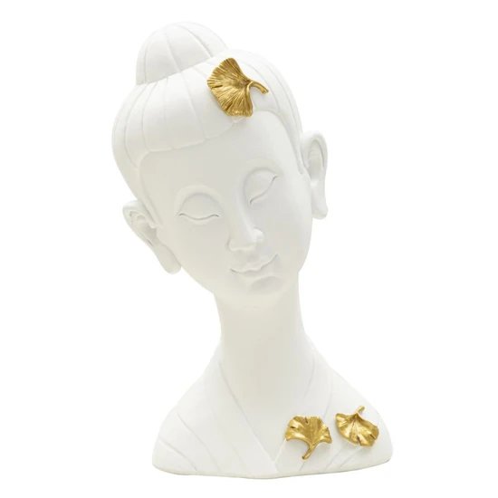 Buddha női mellszobor ginko levelekkel fehér/arany 21,5x16x35 cm