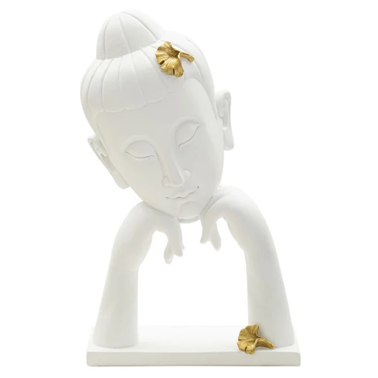 Buddha női szobor ginko levelekkel fehér/arany 21,5x13x36 cm