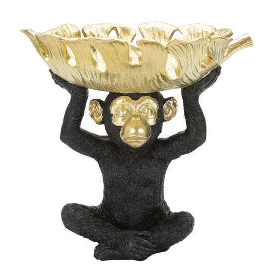 Egzotikus levelet tartó majom figura fekete/arany 25,2x21x24 cm