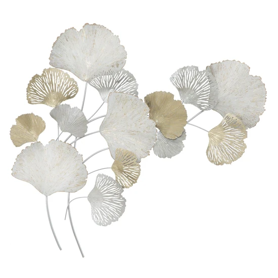 Ginko biloba fali dekoráció fémből fehér/ezüst/arany 85,5x10x113 cm