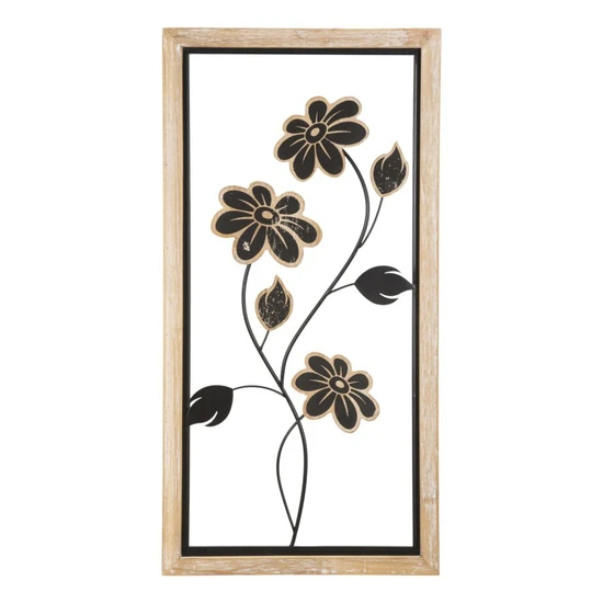 Téglalap alakú fali dekoráció virágokkal -a- barna/fekete 30x2,5x60 cm