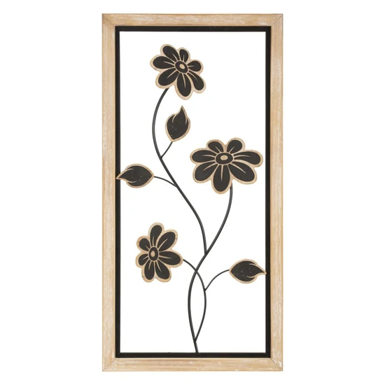 Téglalap alakú fali dekoráció virágokkal -b- barna/fekete 30x2,5x60 cm