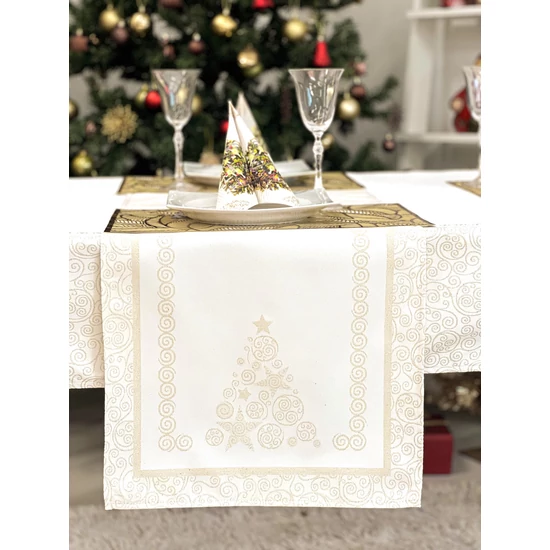 Arany lurex asztali futó karácsonyfa mintás 44x140 cm