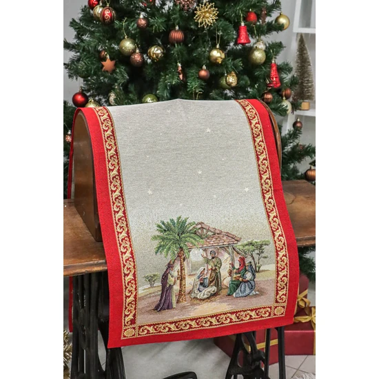 Betlehemi piros szélű gobelin asztali futó 44x140 cm arany lurex