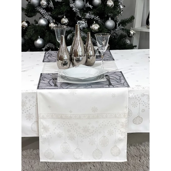 Ezüst lurex asztali futó gömb mintás 37x100 cm
