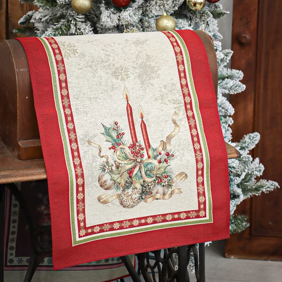Gyertyás piros szélű gobelin asztali futó 44x140 cm arany lurex