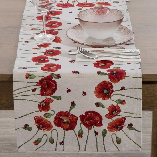 Pipacsos gobelin asztalterítő Natúr 40x100 cm - 5 cm