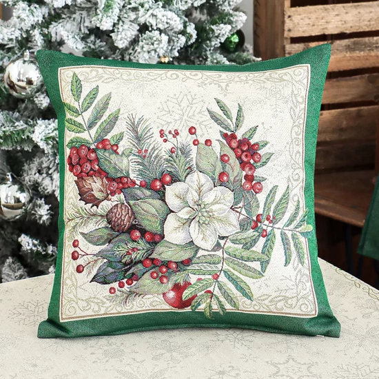 Classic piros bogyós zöld szélű párnahuzat ezüst lurex 45x45 cm