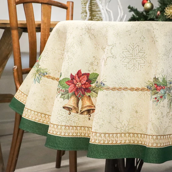 Bells csengős ünnepi gobelin  kör alakú asztalterítő 160 cm arany lurex
